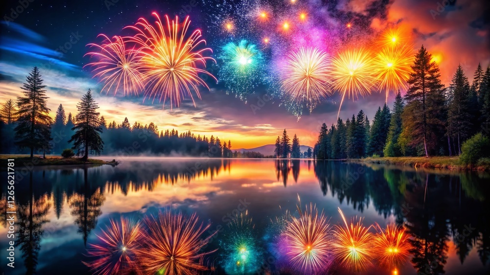 Fototapeta premium Breathtaking Fireworks Double Exposure: Calm Lake Night Sky Spectacle