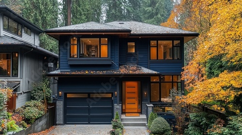 Modern navy home in autumn foliage photo