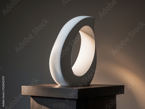 A plain white minimal sculpture, displayed on a dark wooden pedestal with moody lighting. photo