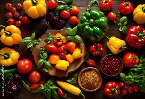 Wallpaper Mural vibrant culinary ingredients artistically arranged textured wooden surface rich colors interesting patterns, food, arrangement, bright, fresh, herbs Torontodigital.ca