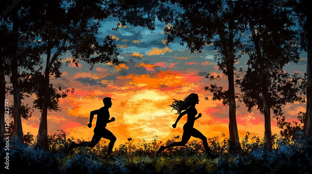 Dynamic Duo Running Through Lush Green Forest as Sun Sets on the Horizon Casting Warm Golden Light Creating a Vibrant and Invigorating Atmosphere in Nature's Embrace at Dusk Dynamic Duo Running Through Lush Green Forest as Sun Sets on the Horizon Casting Warm Golden Light Creating a Vibrant and Invigorating Atmosphere in Nature's Embrace at Dusk