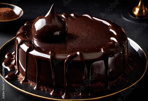 indulgent chocolate thick decadent melted richness creating silky smooth texture luscious pool pure dark chocolate, artisanal, bite, brownie, candy, cheesecake photo