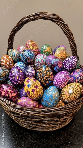 A lavish basket overflows with intricately designed Easter eggs, each painted in vivid colors and patterns, celebrating the joy of spring and festive traditions. The warm ambiance enhances the allure