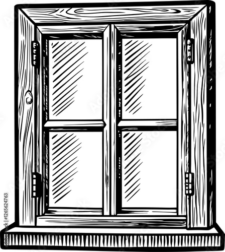 Vintage style wooden window with closed shutters, hand drawn sketch, rustic design, retro wall decor