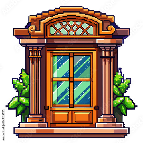 Vintage pixel art wood door with glass panels and plants, retro gaming style, decorative architecture, digital art