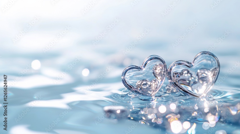 Two glass hearts rest on a shimmering blue surface, reflecting light and evoking feelings of love and serenity. Two glass hearts rest on a shimmering blue surface, reflecting light and evoking feelings of love and serenity.