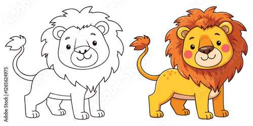 Lion Line Art Vector Outline Illustration Black and White with Coloring Sample