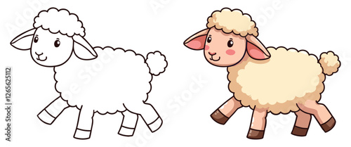 Cartoon sheep Line Art Vector Outline Illustration Black and White with Coloring Sample