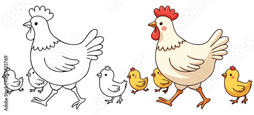 Hen and Chicks Line Art Vector Outline Illustration Black and White with Coloring Sample