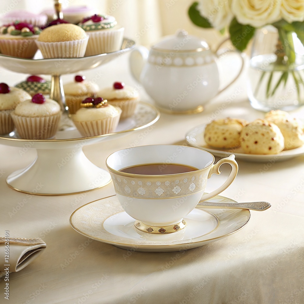 Elegant afternoon tea setup with a fine china cup, pastries, and fresh roses Elegant afternoon tea setup with a fine china cup, pastries, and fresh roses