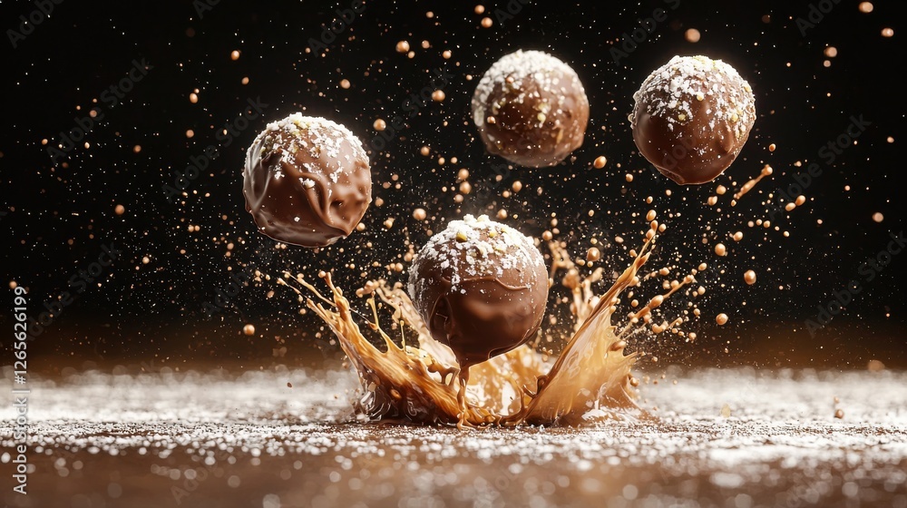 A dynamic scene capturing chocolate balls splashing into a liquid, creating a visually appealing display of cocoa and motion. A dynamic scene capturing chocolate balls splashing into a liquid, creating a visually appealing display of cocoa and motion.