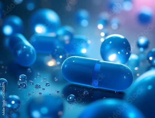 Close-up of blue capsules with abstract molecules and glowing background, representing medical science and pharmaceutical research