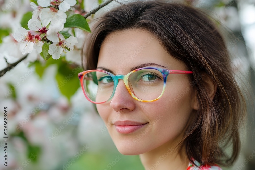 Young caucasian female in colorful glasses smiling among cherry blossoms