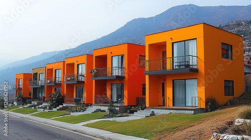 Modern orange houses lined along a street with a mountainous backdrop.