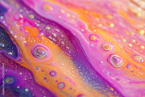 Vivid abstract swirl with pink, purple, and yellow paint patterns highlighting colorful fluid art
