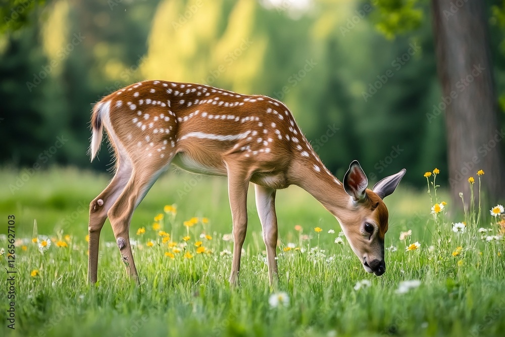 Young deer grazing in spring meadow with wildflowers Young deer grazing in spring meadow with wildflowers