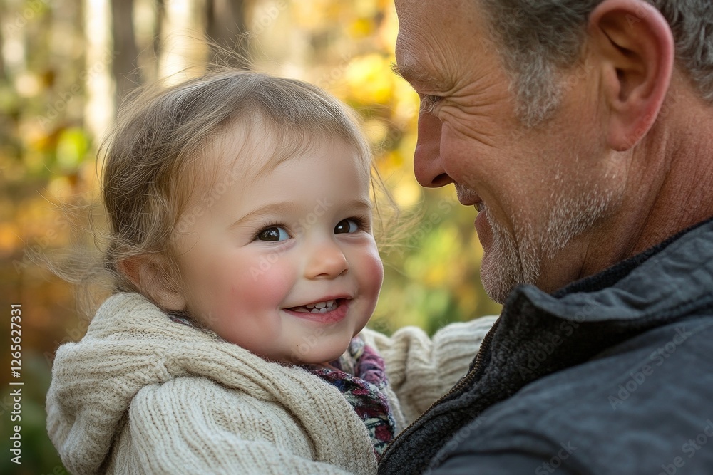 Elderly caucasian man holding smiling child in autumn forest setting Elderly caucasian man holding smiling child in autumn forest setting