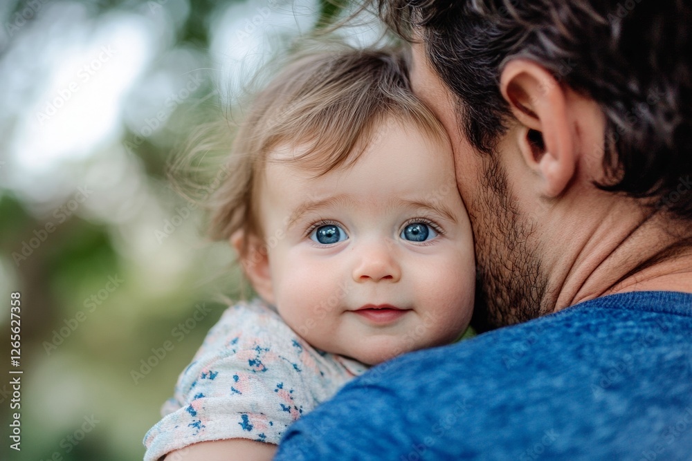 Caucasian male holding smiling baby with blue eyes outdoors