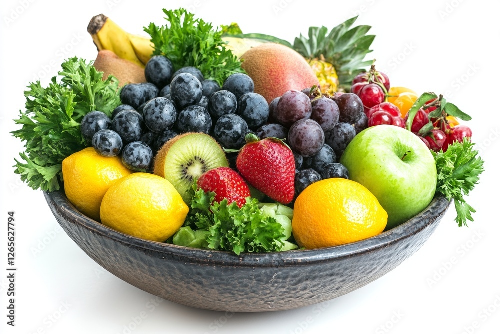 Vibrant bowl of fresh fruits and greens featuring lemons, berries, and kiwis Vibrant bowl of fresh fruits and greens featuring lemons, berries, and kiwis
