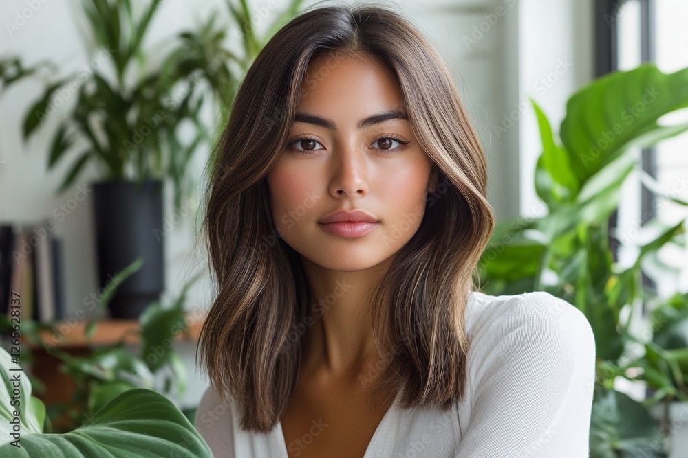Asian young adult female with long hair surrounded by lush greenery indoors Asian young adult female with long hair surrounded by lush greenery indoors