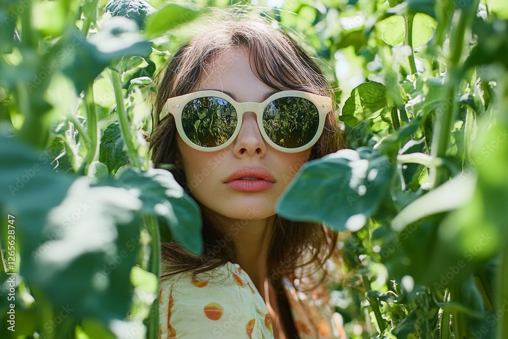 Young caucasian female amidst lush greenery wearing stylish sunglasses