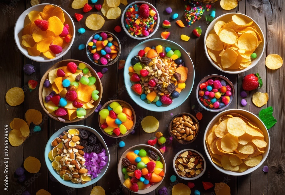 Fototapeta premium vibrant snack bowls overflowing colorful treats delicious delights fun sharing experience, dessert, assortment, fruit, candy, chocolate, chips, nut