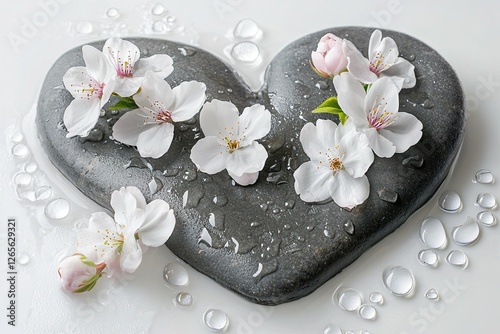 Serene Heart: Dew-Kissed Blossoms on a Grey Stone