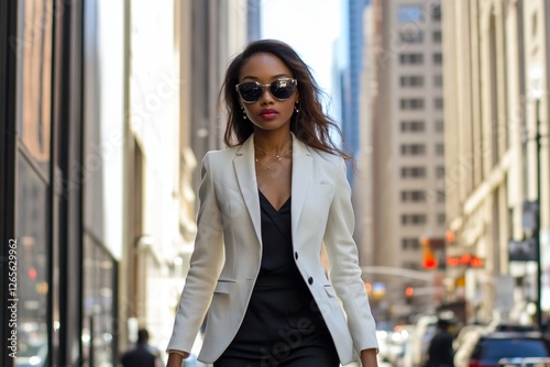 African female adult in white blazer walking in urban cityscape with sunglasses photo