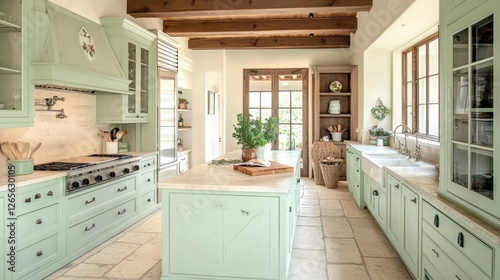 Elegant kitchen features light green cabinetry stone flooring and wooden beams