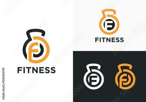 Fitness logo. Fitness center logo design template, with simple kettlebell with initial F for the first letter of the word fitness inside.
