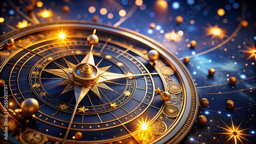 Wallpaper Mural Celestial Compass: Cosmic Map of Stars with Golden Symbols and Bokeh Effect - Stock Photo Torontodigital.ca