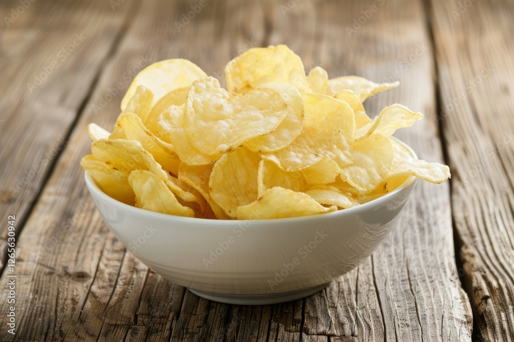 Bowl of crispy potato chips on rustic wooden table. Neural network AI generated Bowl of crispy potato chips on rustic wooden table. Neural network AI generated