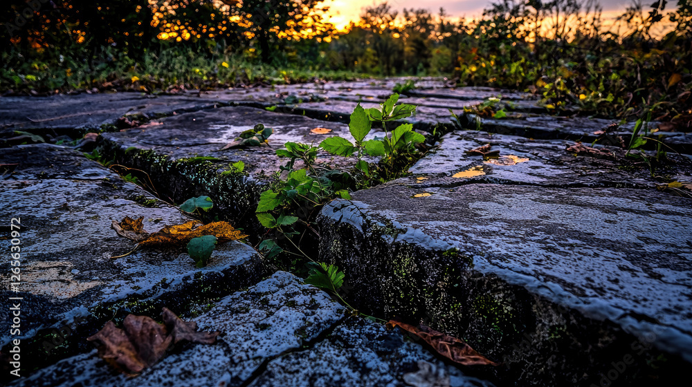 Naklejka premium Overgrown stone pathway at sunset, showcasing nature reclaiming urban space with vibrant foliage