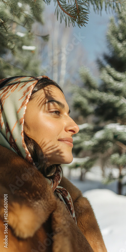 Peaceful Winter Stroll Woman in Nature with Sunlit Snowy Pines and Scarf