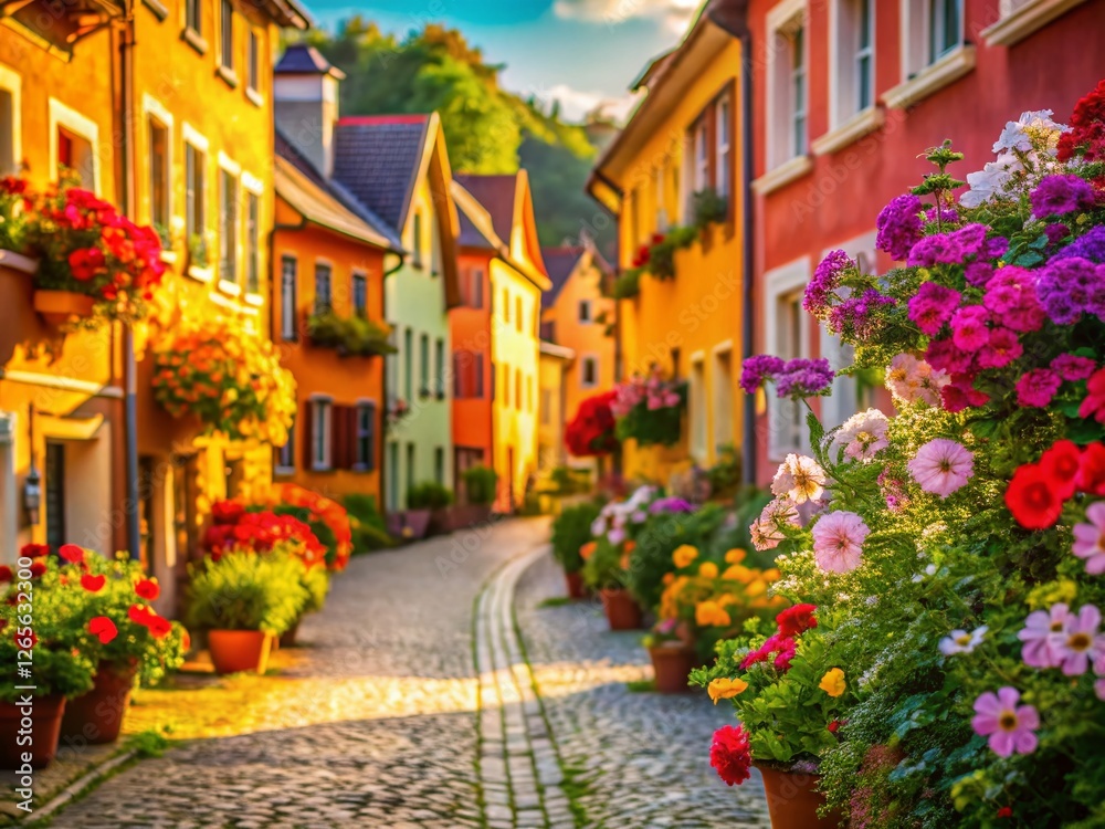 Charming Colorful Houses, Flower-Lined Street, Bokeh Background, Picturesque Neighborhood Charming Colorful Houses, Flower-Lined Street, Bokeh Background, Picturesque Neighborhood