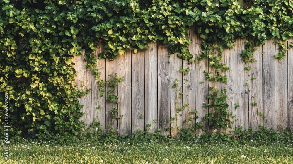 Rustic wooden fence adorned with climbing ivy and lush green grass below Rustic wooden fence adorned with climbing ivy and lush green grass below
