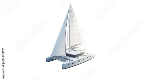 Isometric illustration of a white catamaran sailboat on water, isolated on white background. 
