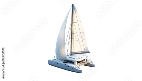 Isometric illustration of a white catamaran sailboat on water, isolated on white background. 

