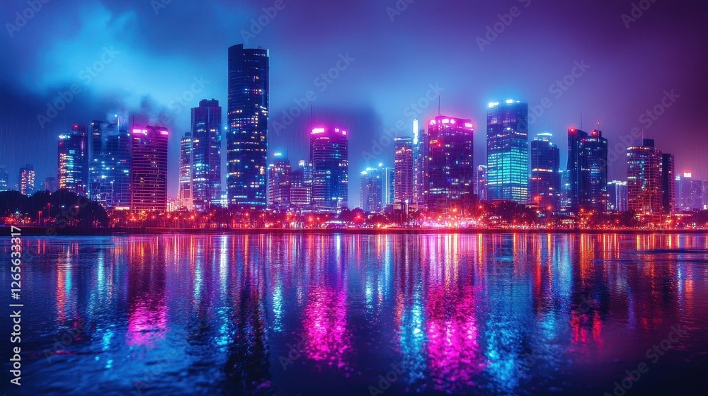 Fototapeta premium Neon Skyline of a Cyberpunk City at Night