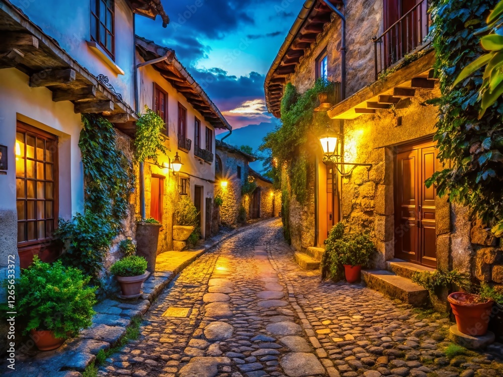 Fototapeta premium Charming Village Street at Night - Architectural Tourism Photography