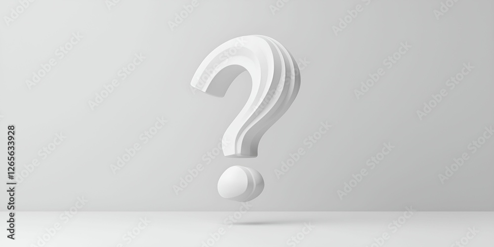 Question mark symbol minimal concept. 3D white question mark on a subtle gray background, suggesting inquiry and curiosity. Question mark symbol minimal concept. 3D white question mark on a subtle gray background, suggesting inquiry and curiosity.