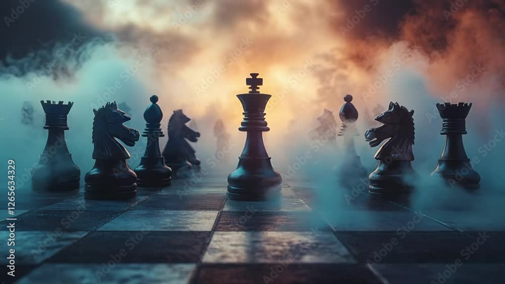 Scene of TMagnificent Chess Board With Pieces In A Mysterious Mist, smooth repeating motion for background video animation