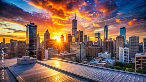 Chicago Skyline Sunrise: Empty Rooftop with Cityscape View - Success & Real Estate