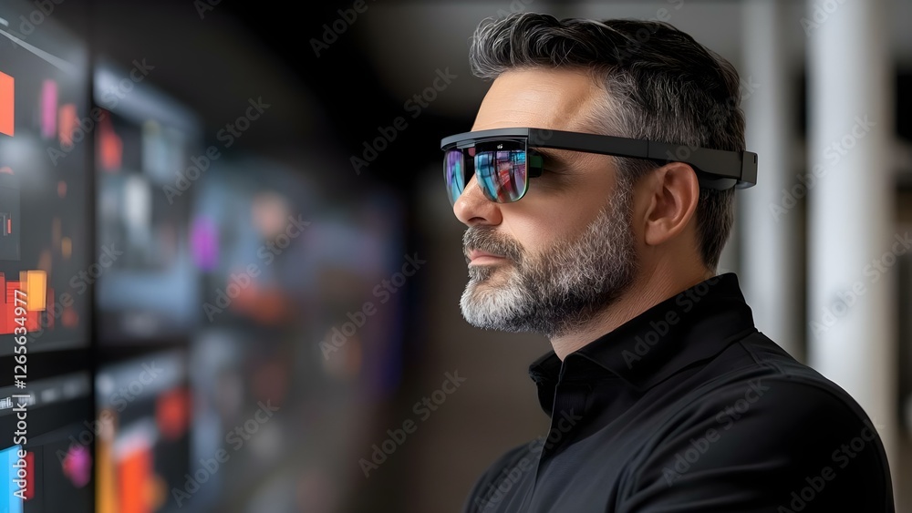 A man wearing advanced smart glasses, interacting with digital displays in a modern, tech-centric environment. Concept Smart Glass Technology, Interactive Digital Displays, Modern Tech Environment A man wearing advanced smart glasses, interacting with digital displays in a modern, tech-centric environment. Concept Smart Glass Technology, Interactive Digital Displays, Modern Tech Environment