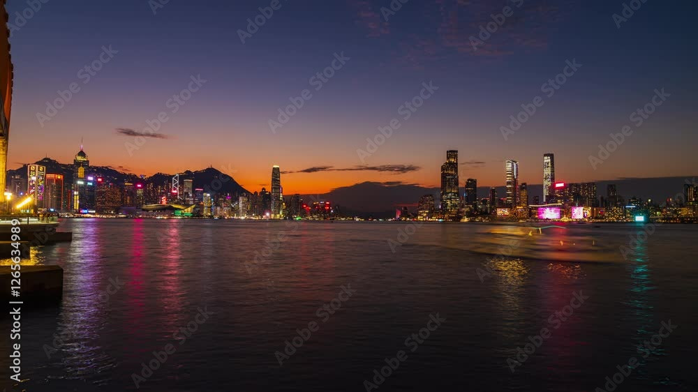 Victoria Harbor Hong Kong - January 26, 2025, night view of Hong Kong Victoria Harbor City View, lamp on the building.
Victoria Harbor Hong Kong - January 26, 2025, night view of Hong Kong Victoria Harbor City View, lamp on the building.