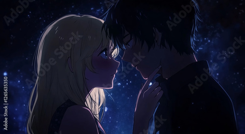 Romantic anime couple gazing under a starry night sky
