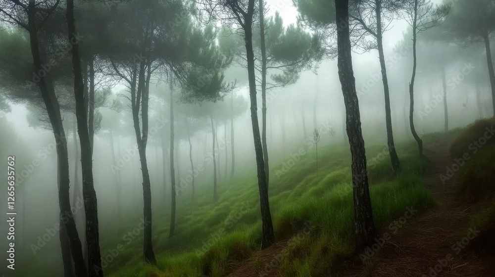 Fototapeta premium Mystical Foggy Pine Forest in Soft Morning Light