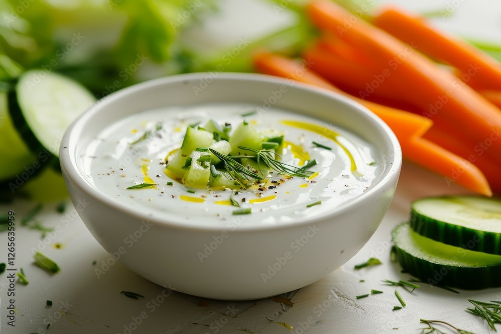 Creamy herb dip with fresh vegetables in natural light. Neural network AI generated Creamy herb dip with fresh vegetables in natural light. Neural network AI generated