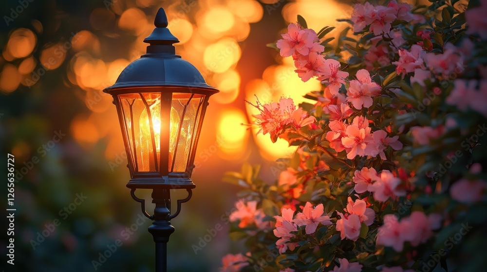 Sunset garden lamp, pink flowers, bokeh