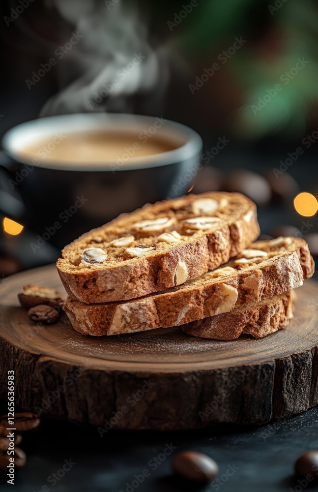 Biscotti and Freshly Baked Bread Slices with Coffee on Wooden Board Biscotti and Freshly Baked Bread Slices with Coffee on Wooden Board